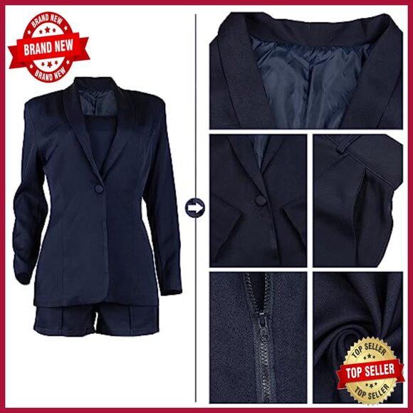 Women's 3-Piece Blazer Set with Crop Top and Shorts Slim Fit Business Suit - Picture 3 of 7